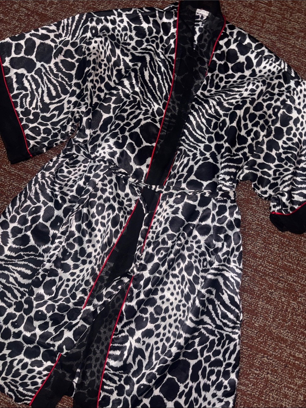 Cacique animal print satin robe zebra cheetah safari knee length sheer trim S